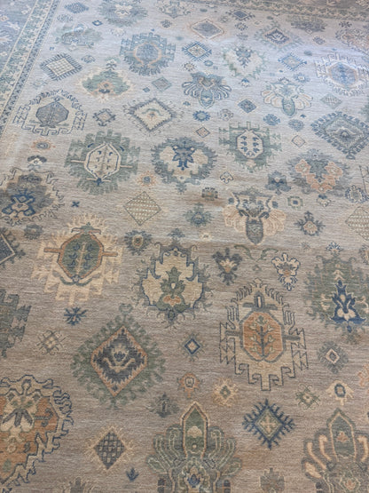 Afghan Oushak Rug, 12'2" x 14'6", in beige, green and grey - photo 3
