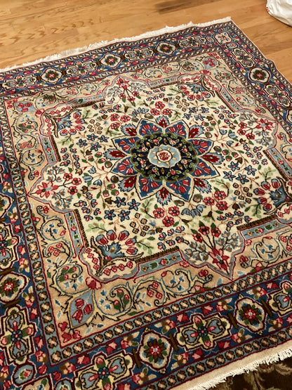 Vintage Persian Kerman Rug, 6' x 6', in beige, green, ivory and navy