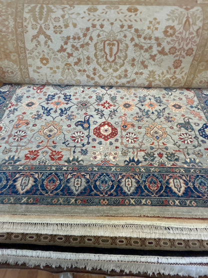 Afghan Mohal Rug, 8'3" x 9'8", in blue, ivory, navy and red