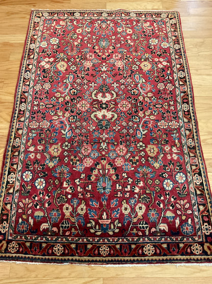 Antique Persian Sarouk Rug, 3'5" x 5'3", in ivory, navy and red