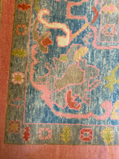 Turkish Oushak Rug, 12'8" x 14'7", in blue, green, pink and yellow - photo 2