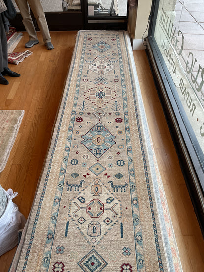 Pakistani Peshawar Runner, 2'6" x 14'3", in baby blue, beige, ivory and red