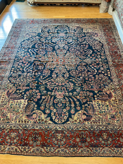 Antique Persian Sarouk Rug, 10'5" x 13'3", in beige, navy, pink and rust