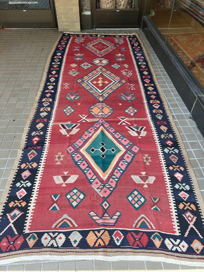Vintage Turkish Bessarabian Kilim, 5' x 12'7", in ivory, navy, orange and red