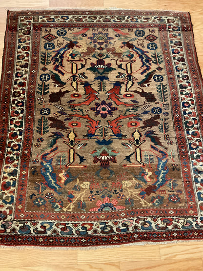 Antique Persian Molayer Sarab Rug, 4'3" x 5', in camel, ivory, navy and red