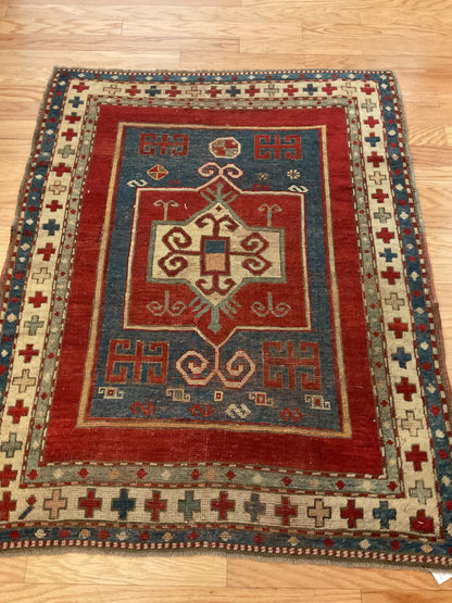 Antique Russian Kazak Rug, 3'7" x 4'5", in blue, ivory and red - photo 4