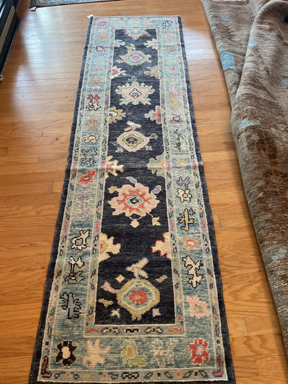 Turkish Oushak Runner, 2'9" x 9'8", in baby blue, gold, navy and pink - photo 3