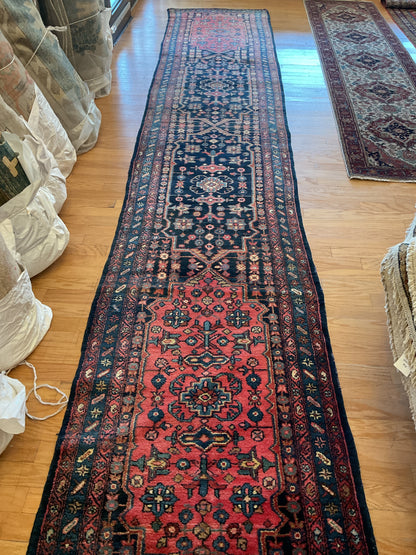 Antique Persian Kurdish Runner, 3'3" x 17'10", in ivory, navy and red