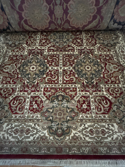Indian Agra Jaipur Rug, 9'2" x 12'2", in burgundy, grey and ivory