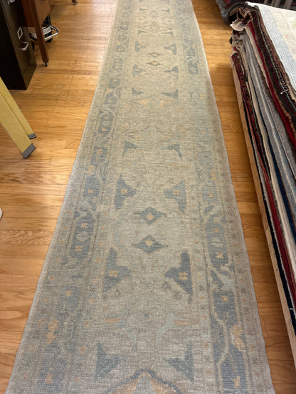 Turkish Oushak Runner, 3' x 17'7", in baby blue, beige and grey