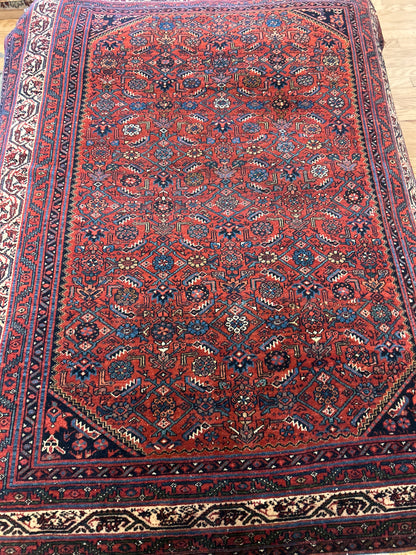 Vintage Persian Hamadan Rug, 4'11" x 6'2", in blue, brown, cream and ivory