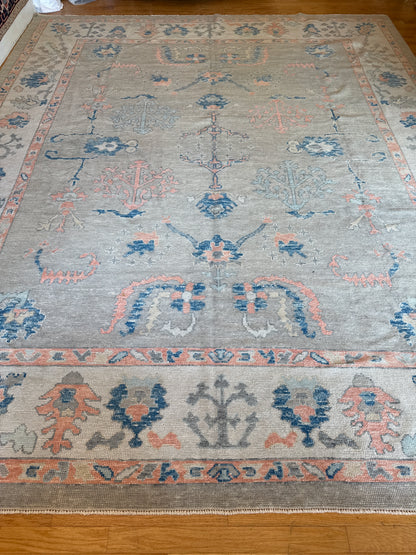 Turkish Oushak Rug, 11'3" x 13'9", in blue, cream, peach and pink - photo 9