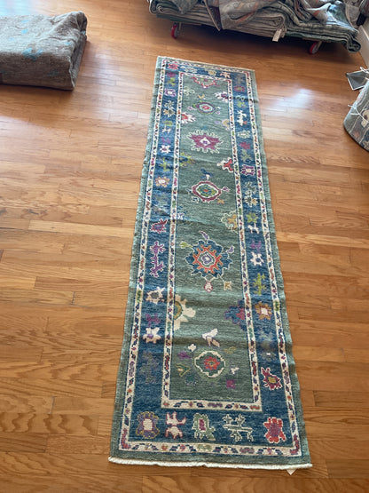 Turkish Oushak Runner, 2'10" x 10'3", in blue, green, ivory and pink - photo 3