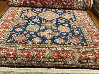 Afghan Kazak Rug, 8' x 10'1", in blue, ivory, peach and red