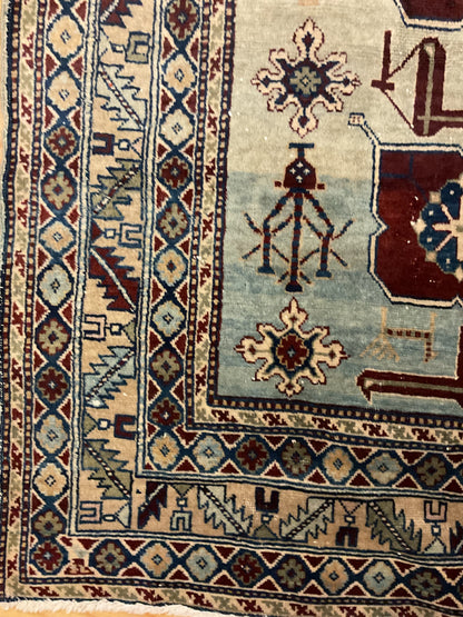 Antique Turkish Kazak Rug, 3'3" x 5'10", in baby blue, brown, burgundy and ivory - photo 2