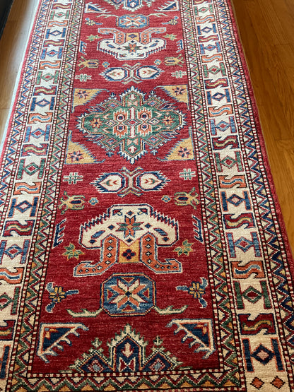 Afghan Kazak Runner, 2'6" x 12', in green, ivory, navy and red