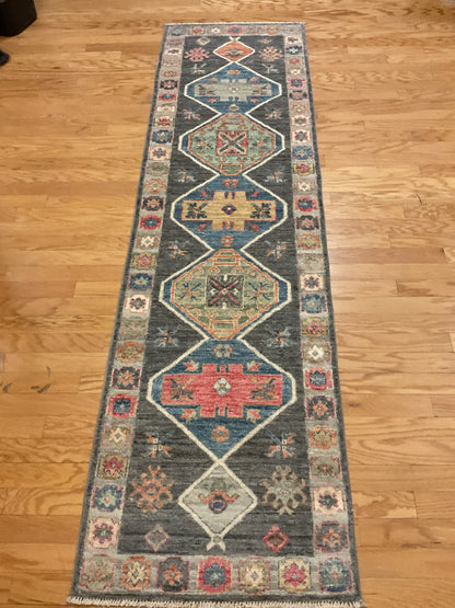 Afghan Oushak Runner, 2'5" x 9'7", in blue, charcoal, ivory and salmon - photo 2