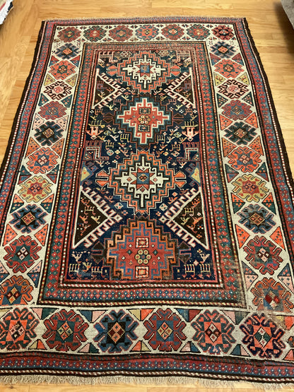 Antique Russian Kazak Rug, 4'7" x 7'3", in ivory, navy, red and rust - photo 2