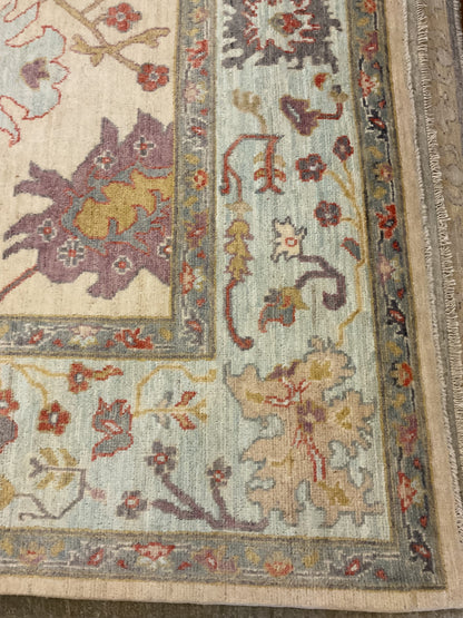 Afghan Oushak Rug, 8'10" x 11'10", in baby blue, gold, ivory and plum