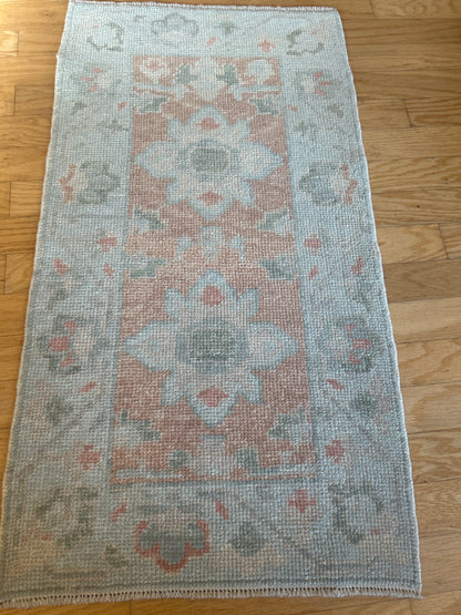Turkish Oushak Rug, 2'1" x 3'8", in cream, peach, pink and teal