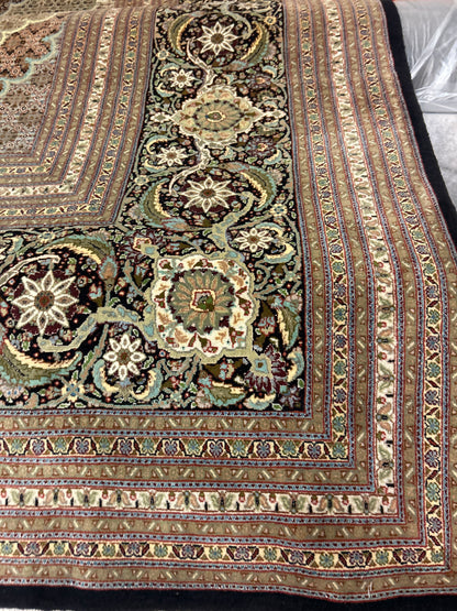 Vintage Persian Tabriz Rug with Silk, 12'11" x 19'11", in black, cocoa, salmon and sea moss - photo 4