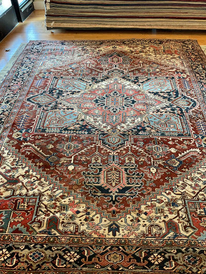 Antique Persian Heriz Rug, 9'5" x 12', in baby blue, ivory, navy and red