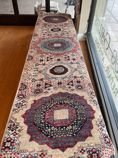 Afghan Mamluk Runner, 2'8" x 11'4", in beige, blue, burgundy and navy