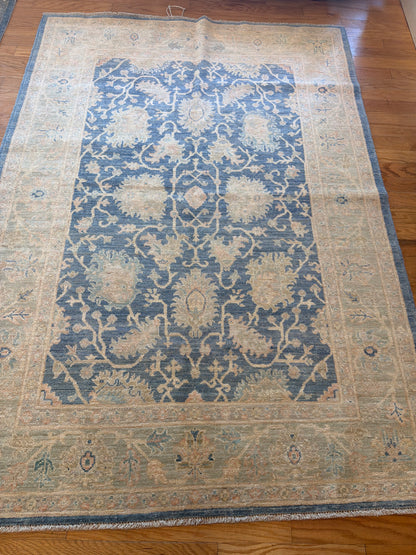Pakistani Peshawar Rug, 5'1" x 7'1", in beige, blue and ivory