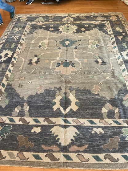 Turkish Oushak Rug, 9'4" x 11'8", in charcoal, grey, ivory and teal