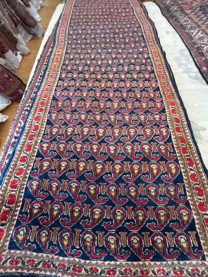 Vintage Persian Kurdish Runner, 3'3" x 9'10", in gold, ivory, navy and red