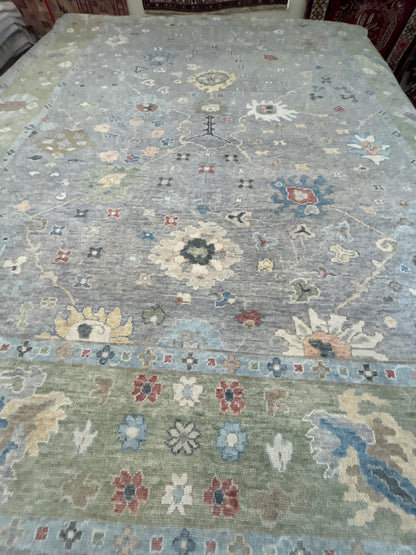 Indian Oushak Rug, 9'3" x 12', in green, grey, ivory and red