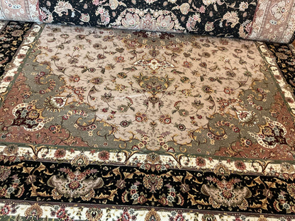Sino Tabriz Rug with Silk, 10' x 14', in black, ivory, pistachio and salmon