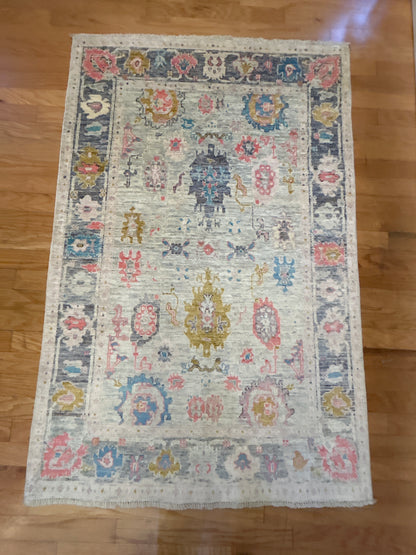 Pakistani Oushak Rug, 3'10" x 5'11", in blue, charcoal, gold and ivory