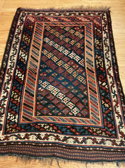 Antique Persian Kurdish Rug, 4' x 5'6", in blue, ivory, navy and red