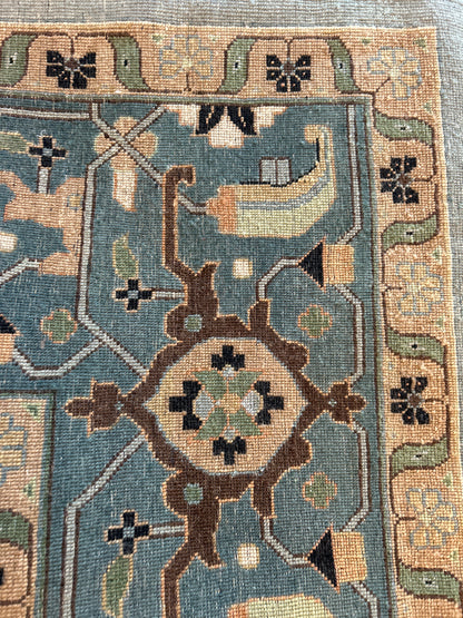 Indian Serapi Rug, 12'2" x 15'9", in baby blue, ivory, salmon and teal - photo 4