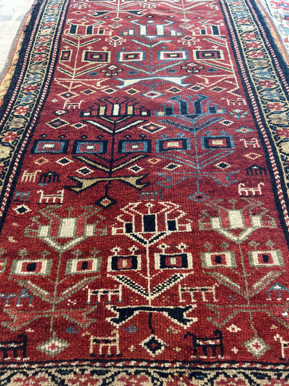 Antique Persian Kurdish Runner, 2'8" x 13'1", in ivory, navy and rust