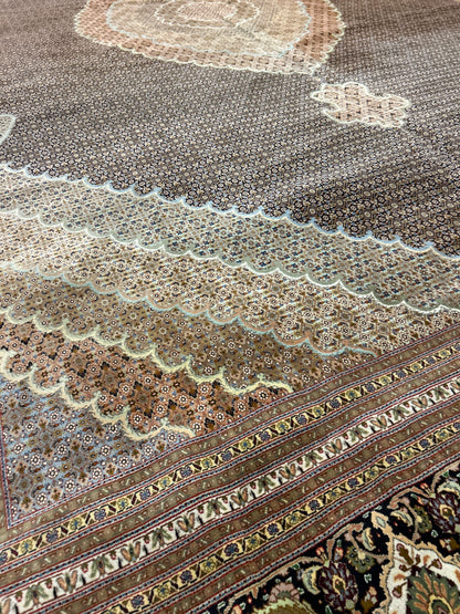 Vintage Persian Tabriz Rug with Silk, 12'11" x 19'11", in black, cocoa, salmon and sea moss - photo 5