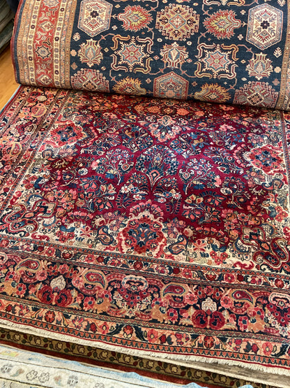Antique Persian Sarouk Rug, 9'1" x 11', in blue and burgundy