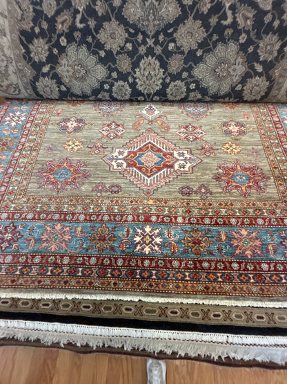 Afghan Kazak Rug, 8'3" x 9'10", in ivory, red, sea moss and teal