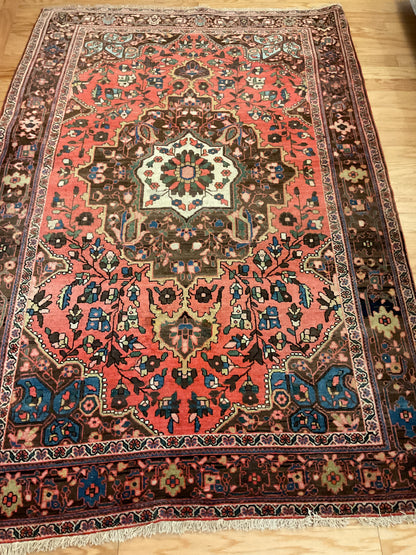 Antique Persian Sarouk Farahan Rug, 4'7" x 6'7", in brown, ivory, salmon and teal