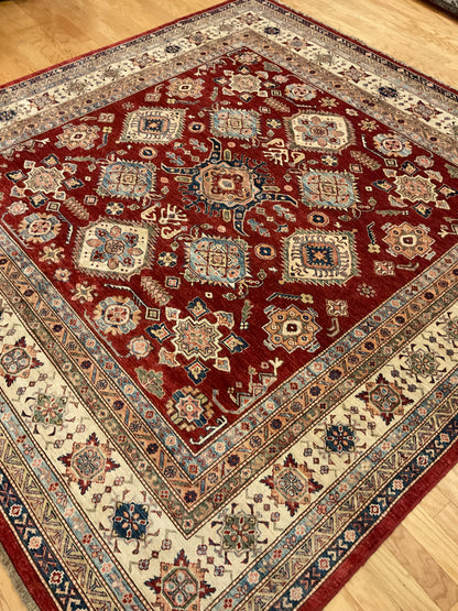 Afghan Kazak Rug, 8'8" x 8'10", in beige, blue, ivory and red - photo 4