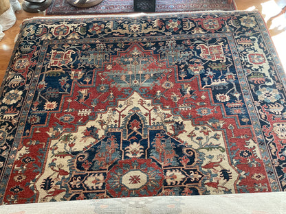 Pakistani Heriz Serapi Rug, 10'3" x 13'10", in blue, ivory, navy and red