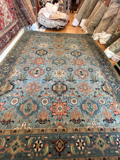 Indian Serapi Rug, 12'2" x 15'9", in baby blue, ivory, salmon and teal