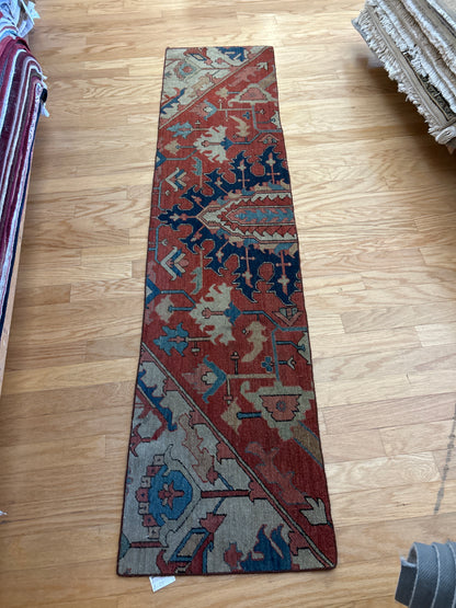 Antique Persian Serapi Runner, 1'8" x 7'6", in brick, khaki, navy and red