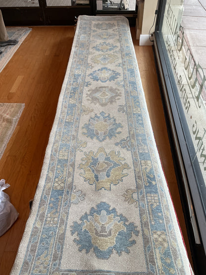 Turkish Oushak Runner, 2'9" x 13'2", in blue, gold, grey and ivory