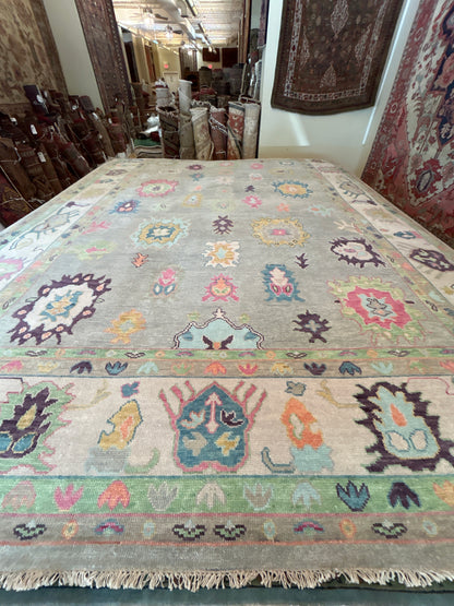 Indian Oushak Rug, 9'10" x 13'9", in beige, green, pink and plum