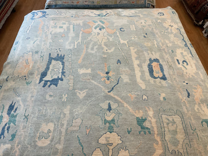 Afghan Oushak Rug, 9' x 11'9", in baby blue, navy, peach and teal - photo 2