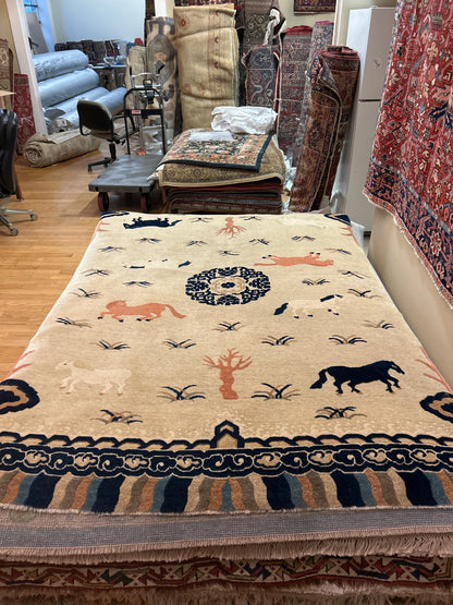 Antique Tibetan Chinese Rug, 5'1" x 7'9", in beige, ivory, navy and rust