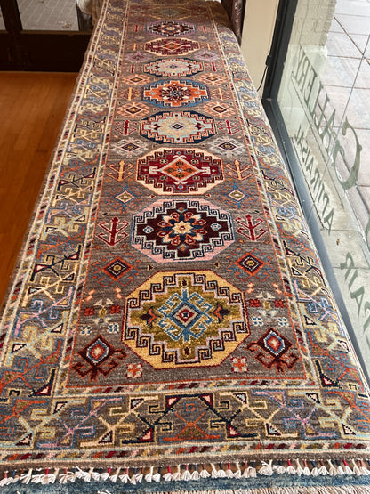 Afghan Turkman Runner, 2'9" x 9'7", in gold, green, grey and pink - photo 2