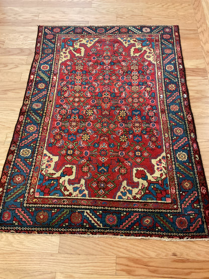 Antique Persian Hamadan Rug, 3'5" x 4'10", in gold, navy, red and teal - photo 4
